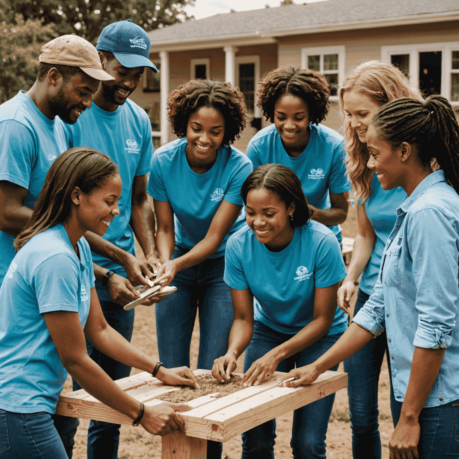 Diverse group of volunteers working together on a community project, showcasing teamwork and social impact