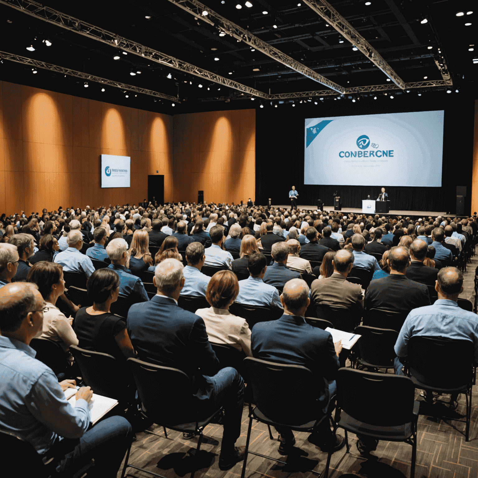 A diverse group of conference attendees listening to a keynote speaker on stage. The room is filled with engaged participants, some taking notes, others nodding in agreement. The stage backdrop displays the conference logo and theme.