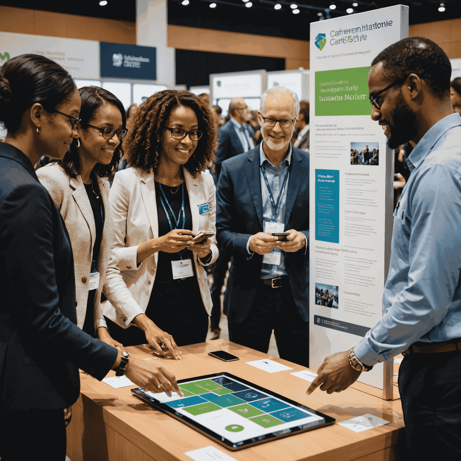 Diverse group of conference attendees engaging with innovative charity project displays, showcasing technological solutions and sustainable community initiatives
