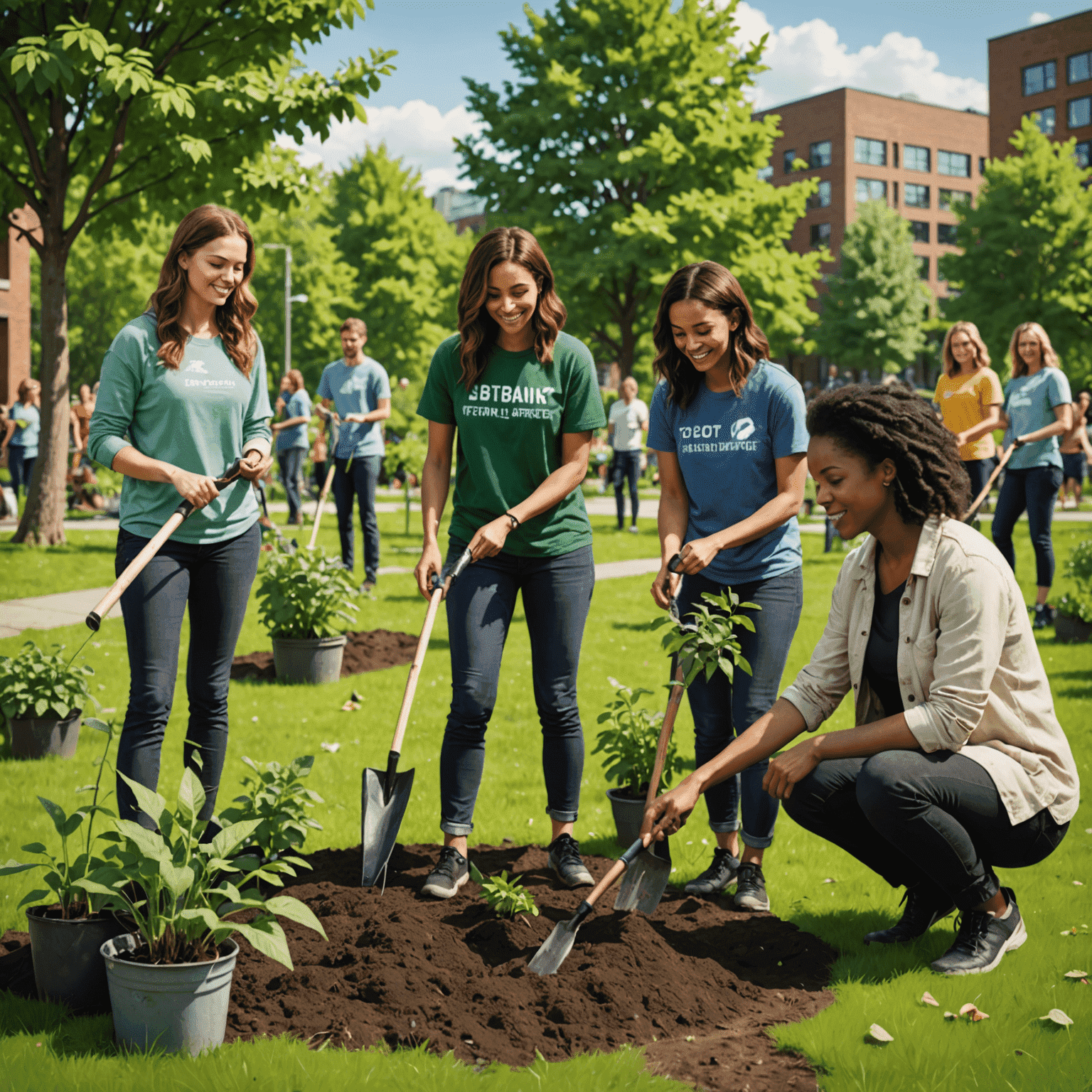 Sarah Thompson, a young woman in her 30s, planting trees with a group of volunteers in a urban park. The image shows a diverse group working together, surrounded by saplings and gardening tools.