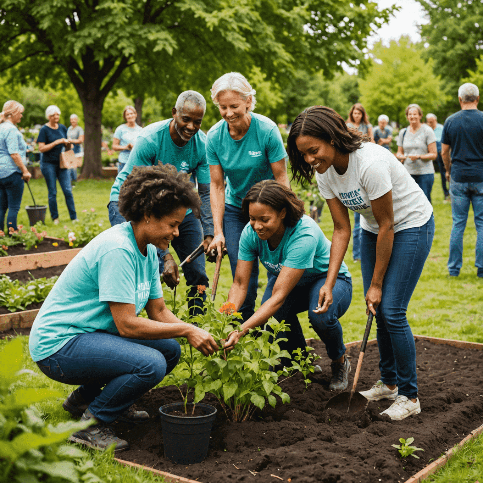 Diverse group of volunteers working together on a community garden project, planting trees and flowers in an urban park