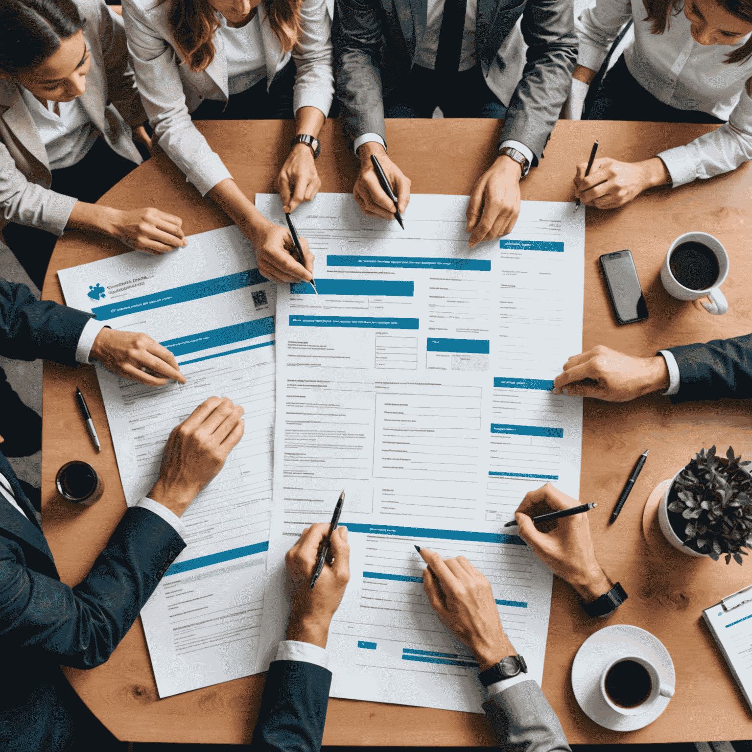 A diverse group of people working together on charity registration paperwork, symbolizing the collaborative effort required in establishing a new charitable organization in Canada