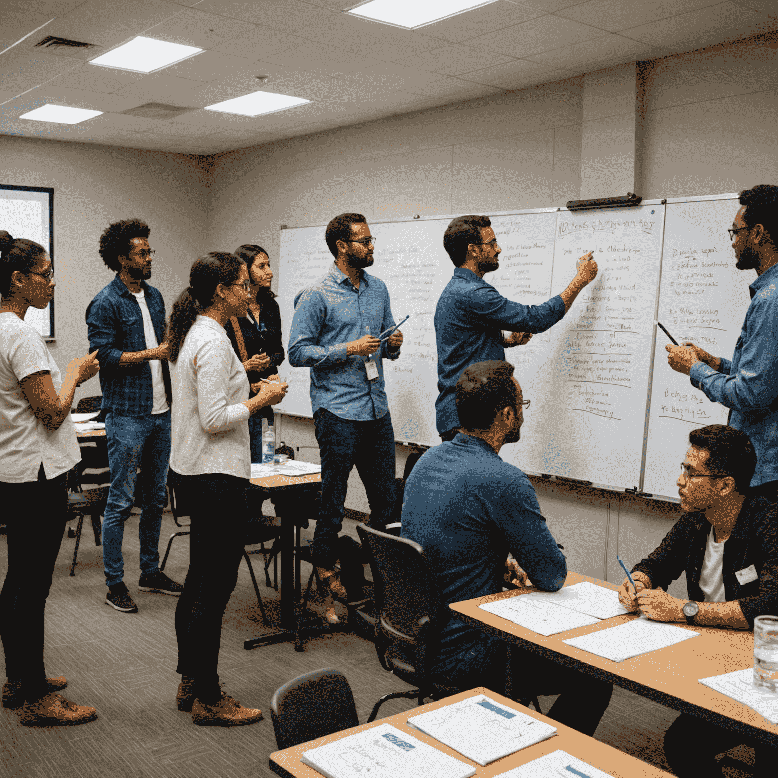 Workshop participants engaged in a group activity, brainstorming ideas on whiteboards. The room is filled with energy as people collaborate, sharing volunteer management strategies.