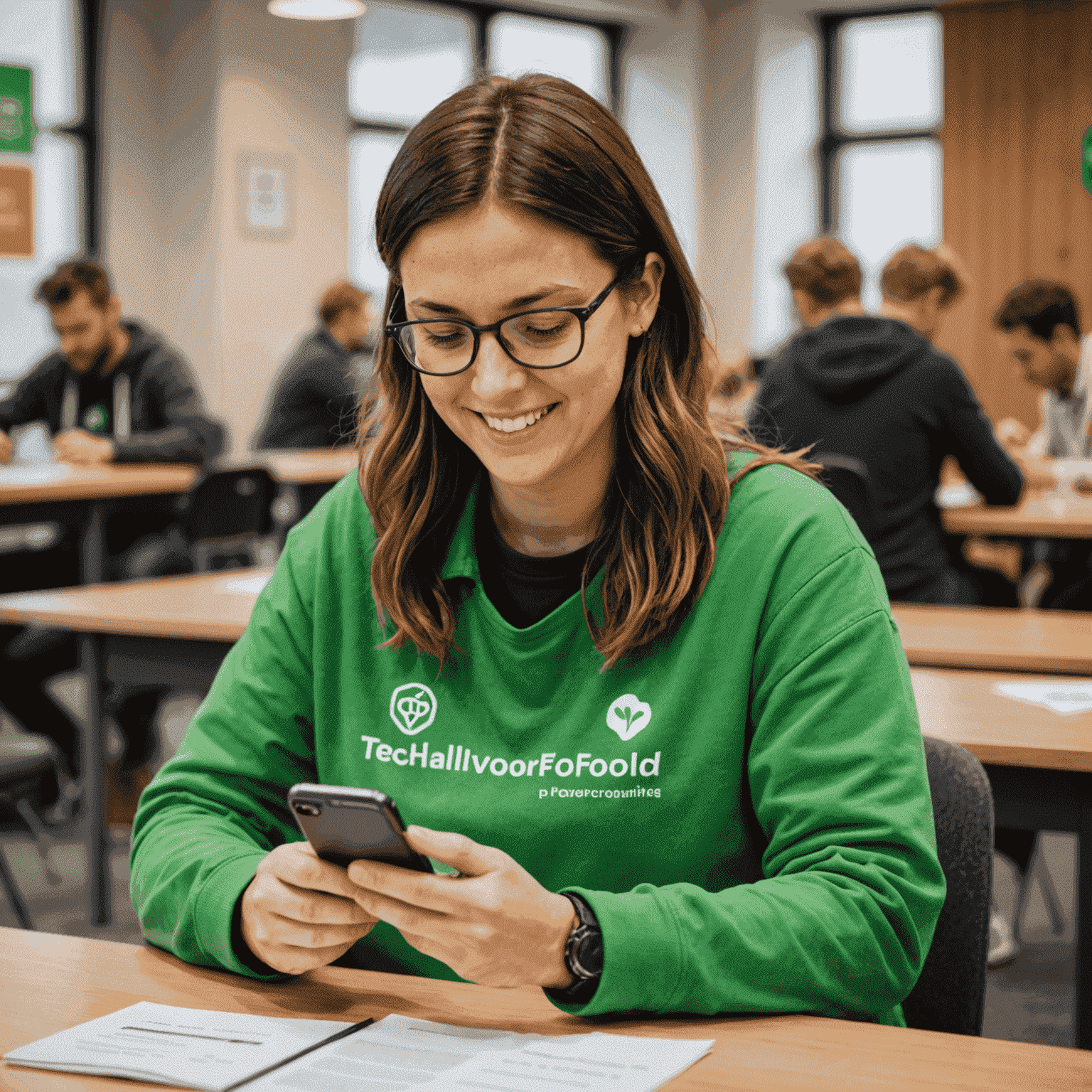A volunteer using a smartphone app to find and sign up for local volunteering opportunities, with the TechForGood logo visible