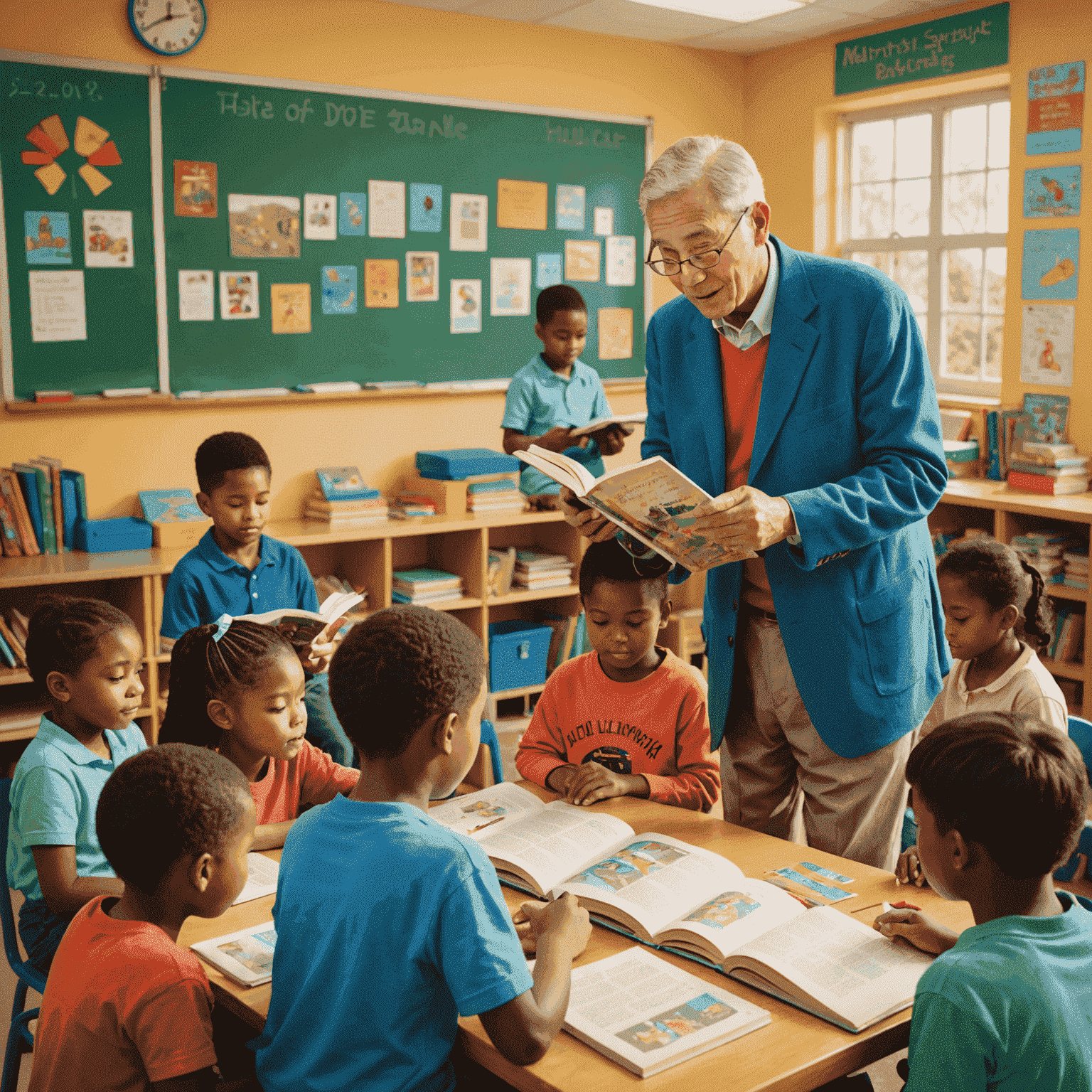 Michael Lee, an elderly man, teaching a group of children how to read in a colorful classroom setting. The image depicts a warm, nurturing environment with books and educational posters visible.