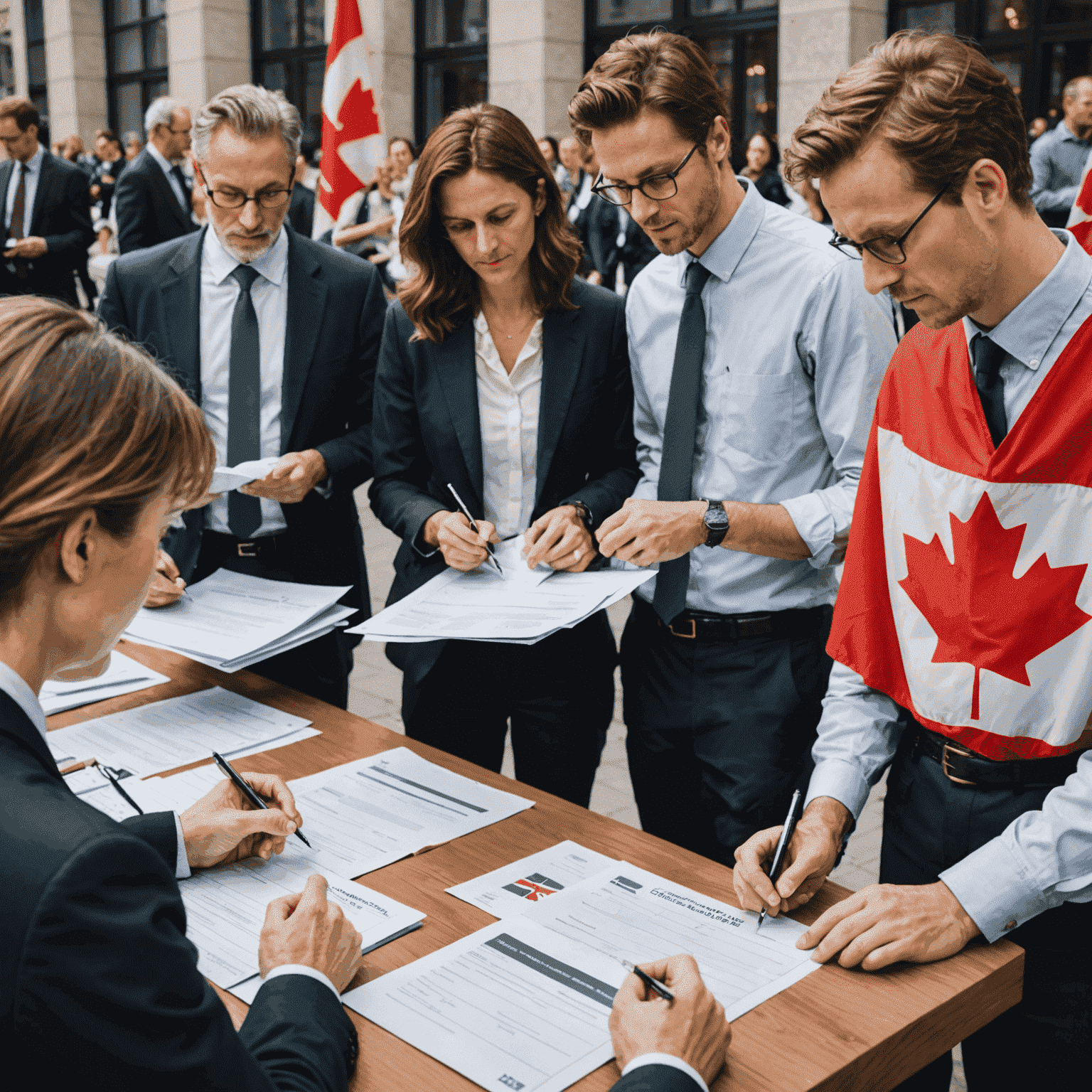 A group of people filling out charity registration forms, with Canadian flags and legal documents visible