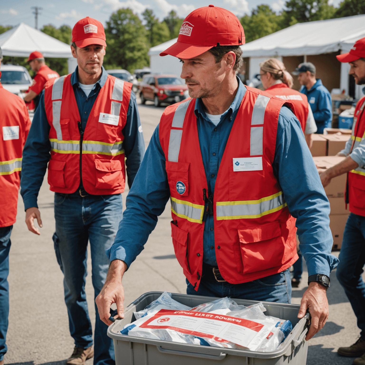 Volunteers wearing red vests assisting at a large-scale national disaster relief effort, distributing supplies and offering support
