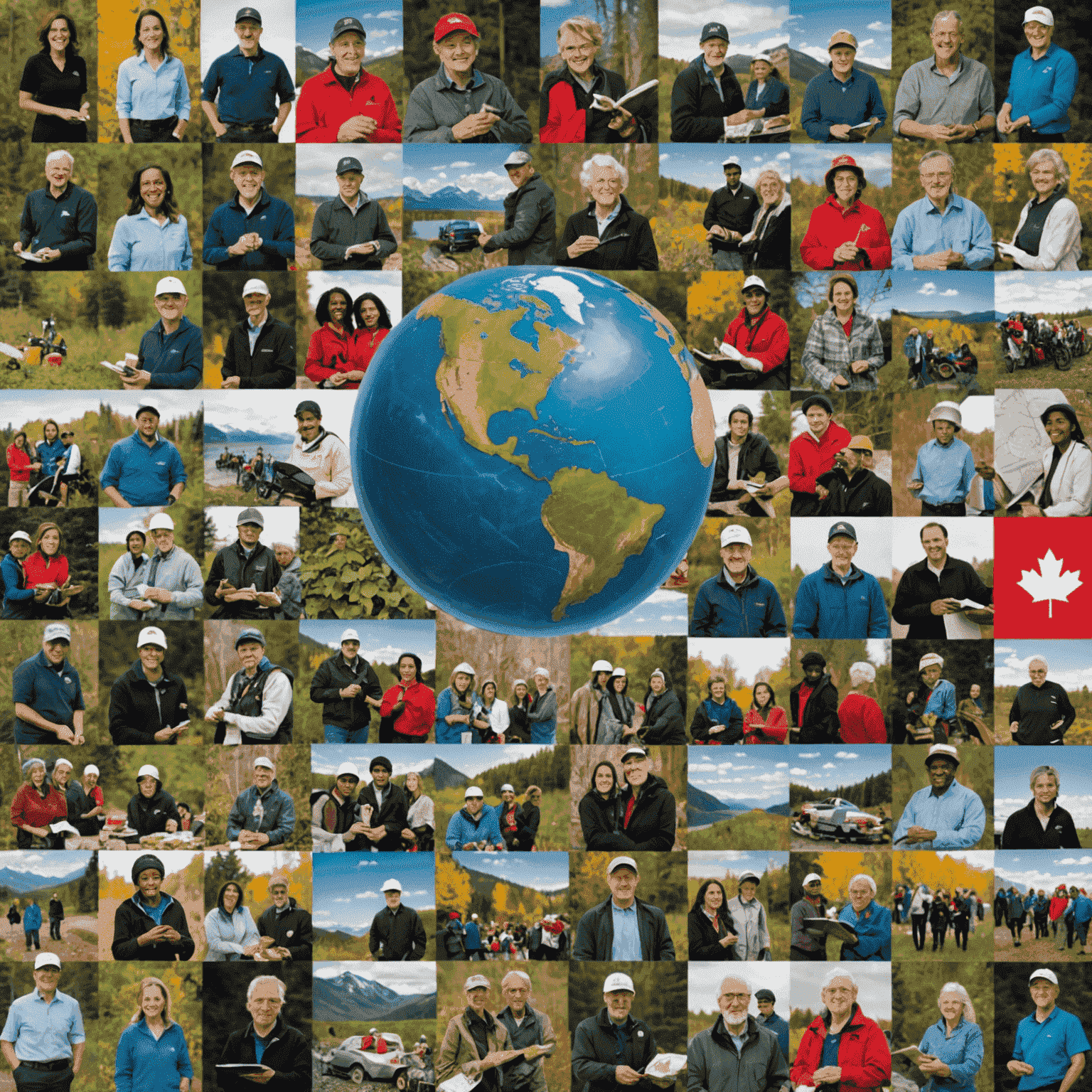 A collage of diverse Canadian charities in action, showcasing various causes such as environmental conservation, education, healthcare, and community development