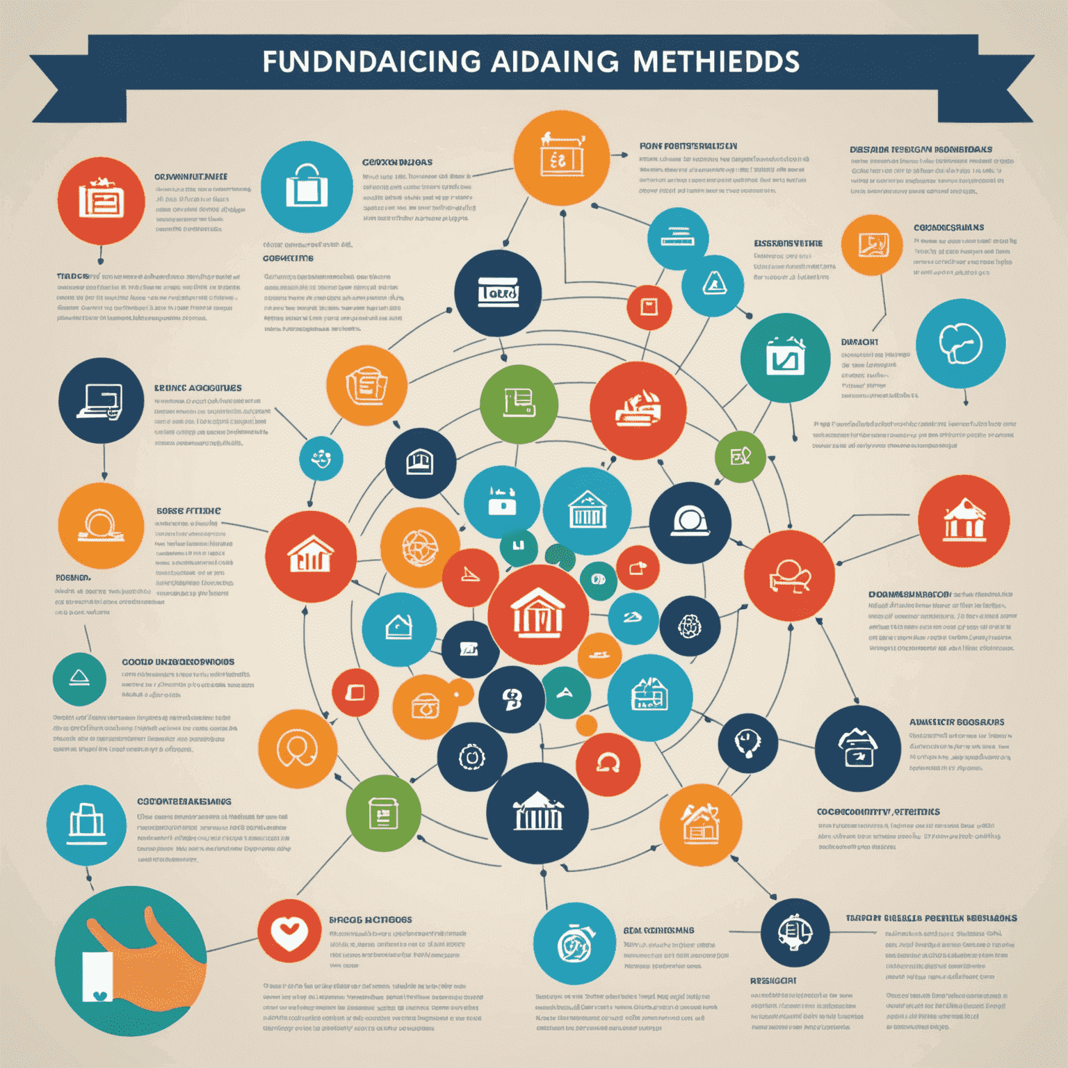Infographic showing various fundraising methods with icons and brief descriptions, including digital donations, community events, and corporate sponsorships