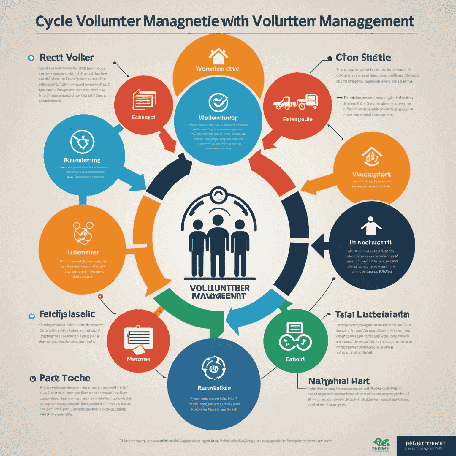 Infographic showing the cycle of volunteer management: Recruit, Train, Engage, Retain, with icons representing each stage