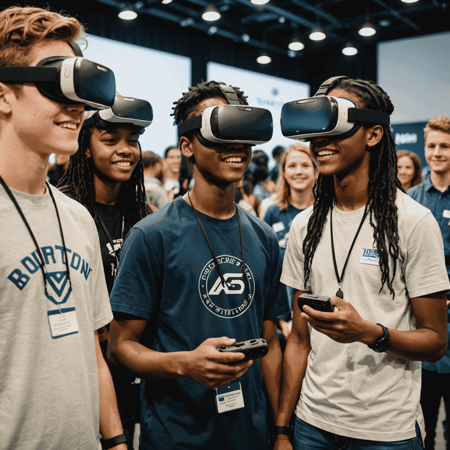 A group of diverse teenagers demonstrating their virtual reality fundraising experience to excited conference attendees