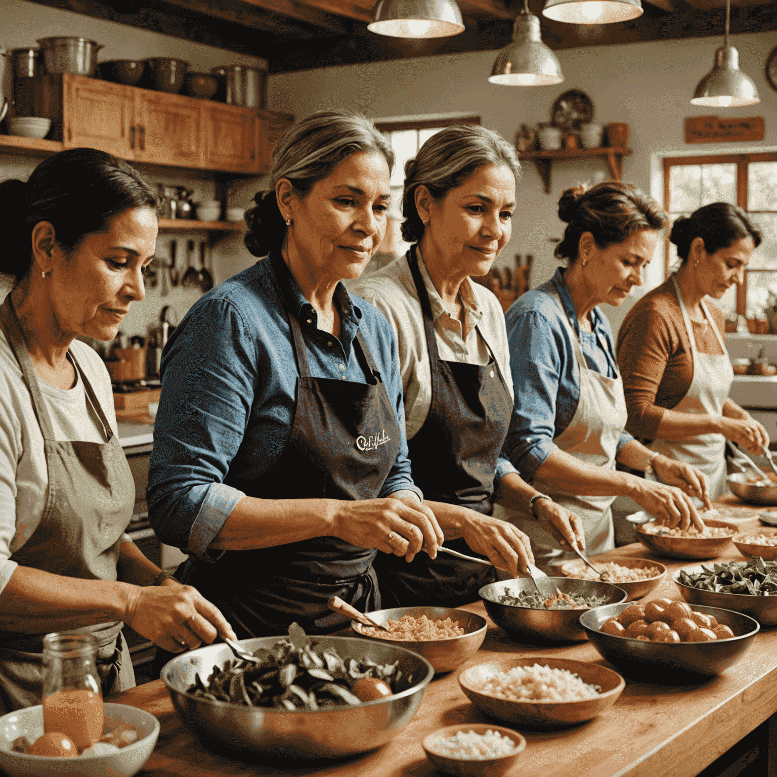 Elena Rodriguez, a middle-aged woman, leading a cooking class in a community kitchen. The image shows a diverse group of people learning to prepare nutritious meals, with fresh ingredients visible on the counters.