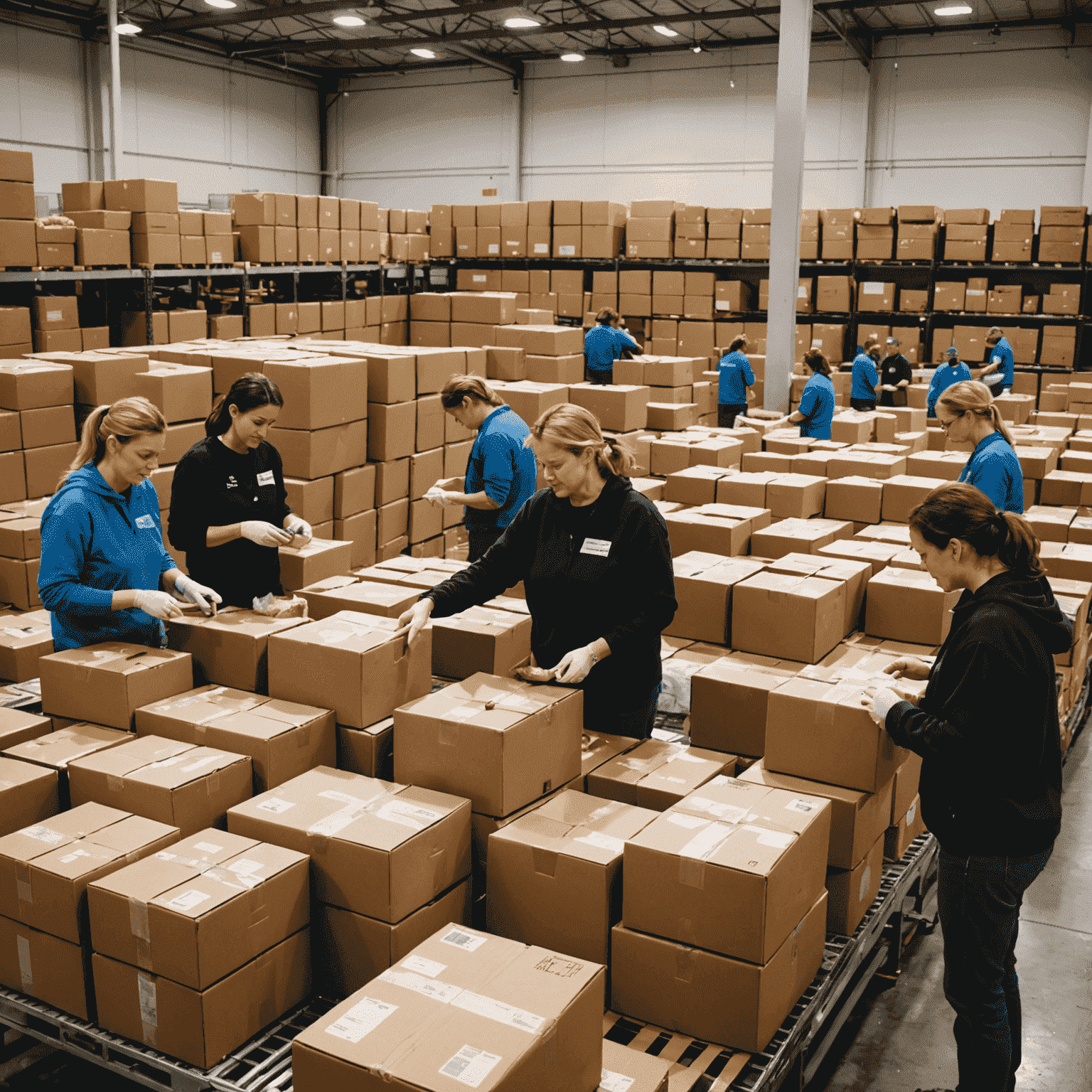 Volunteers sorting and packing food items in a large warehouse setting for a national food bank initiative