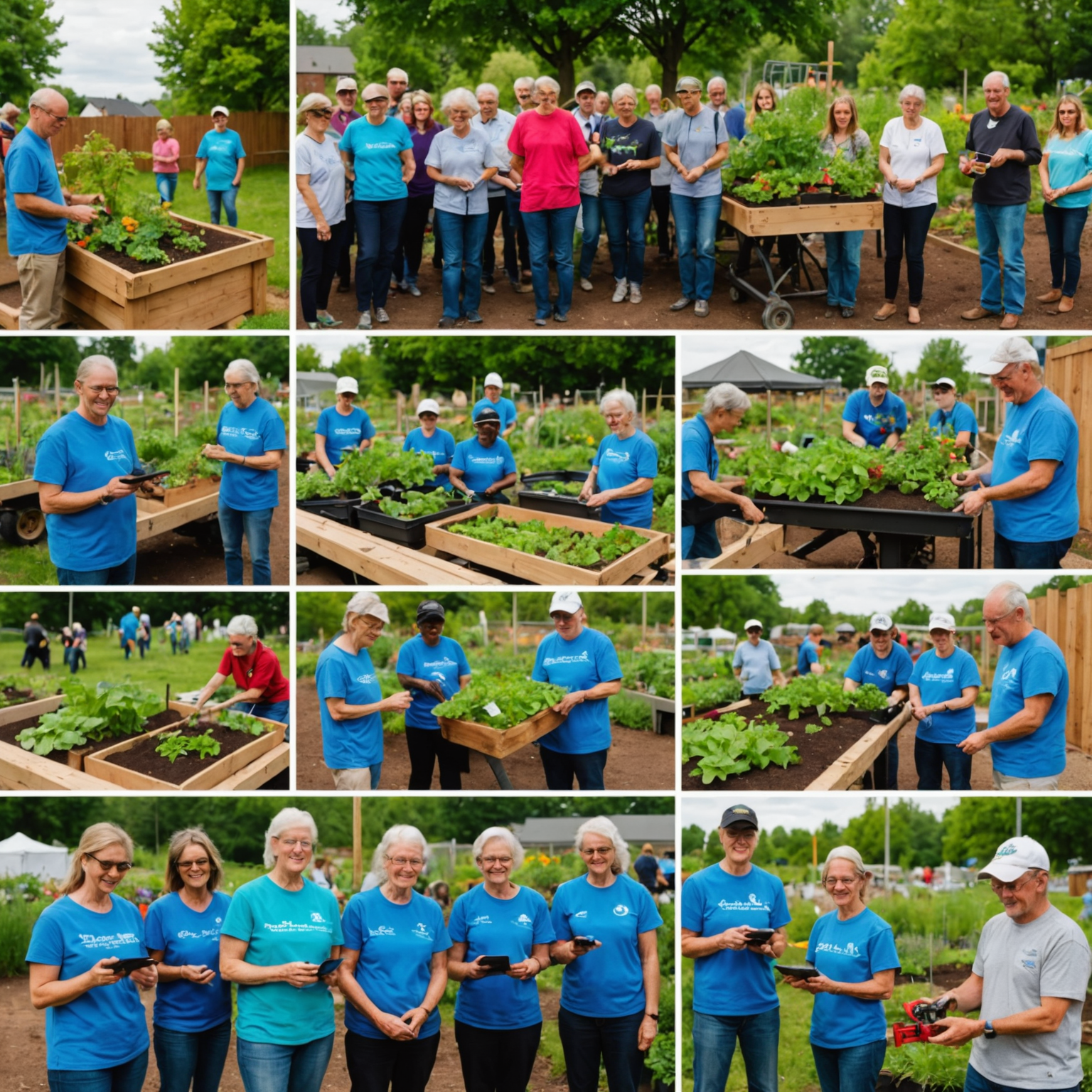 A collage of various innovative charity projects, including a mobile app interface, a community garden, and a group of volunteers using technology