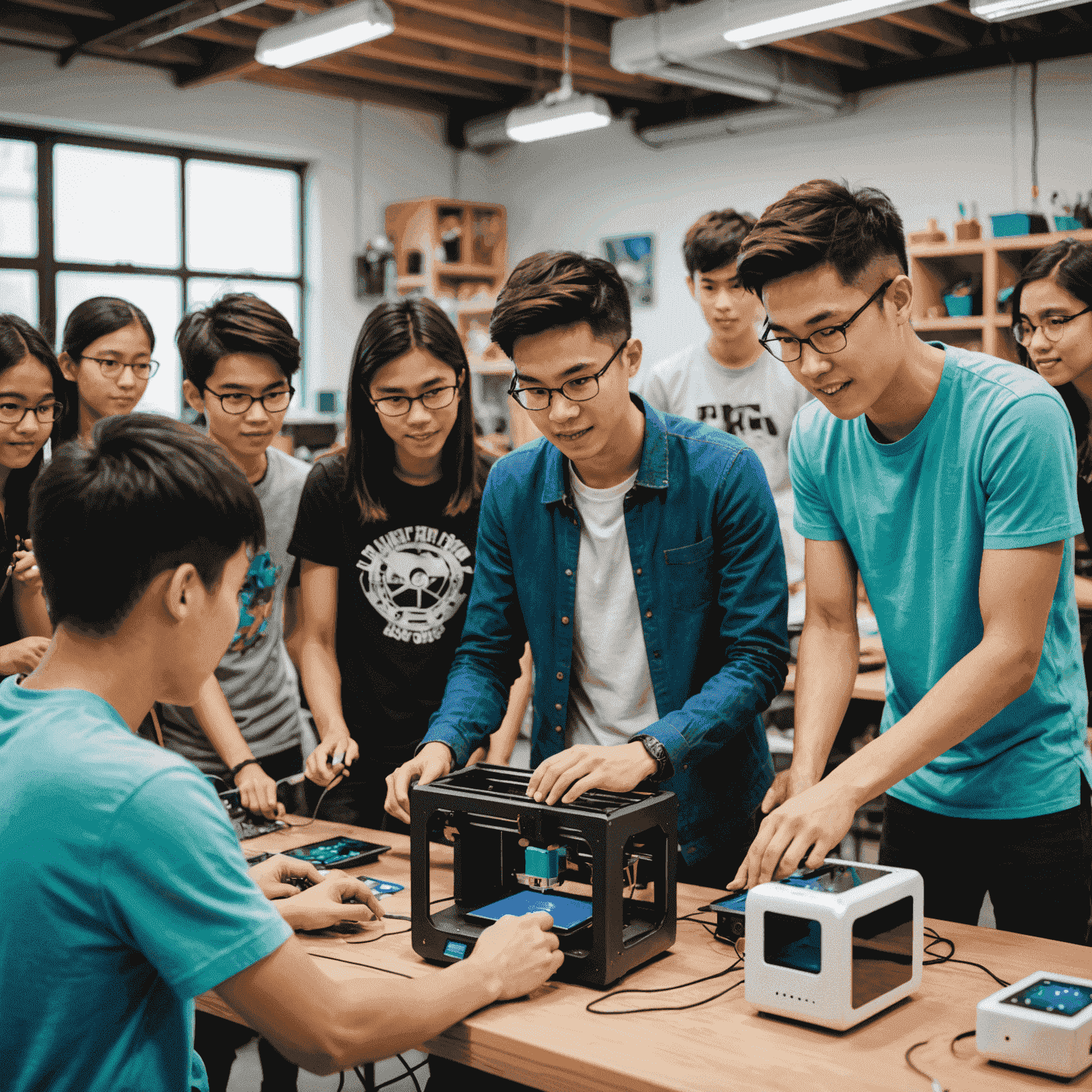 David Nguyen, a young man, demonstrating how to use a 3D printer to a group of excited teenagers in a modern makerspace. The image shows various tech gadgets and tools in the background.