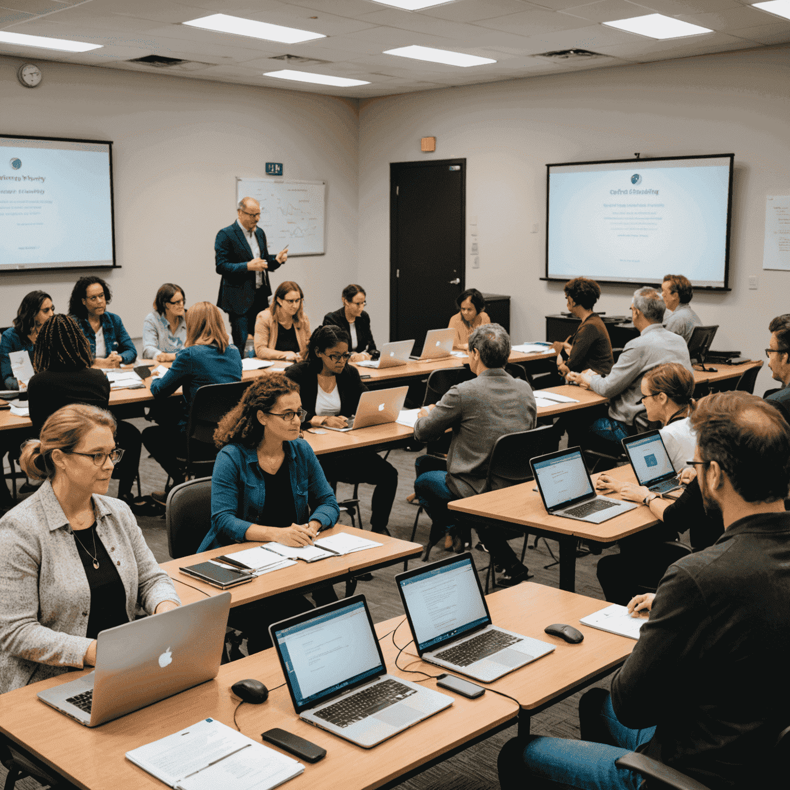 A workshop setting with people actively engaged in grant writing, laptops open, and a presenter at the front