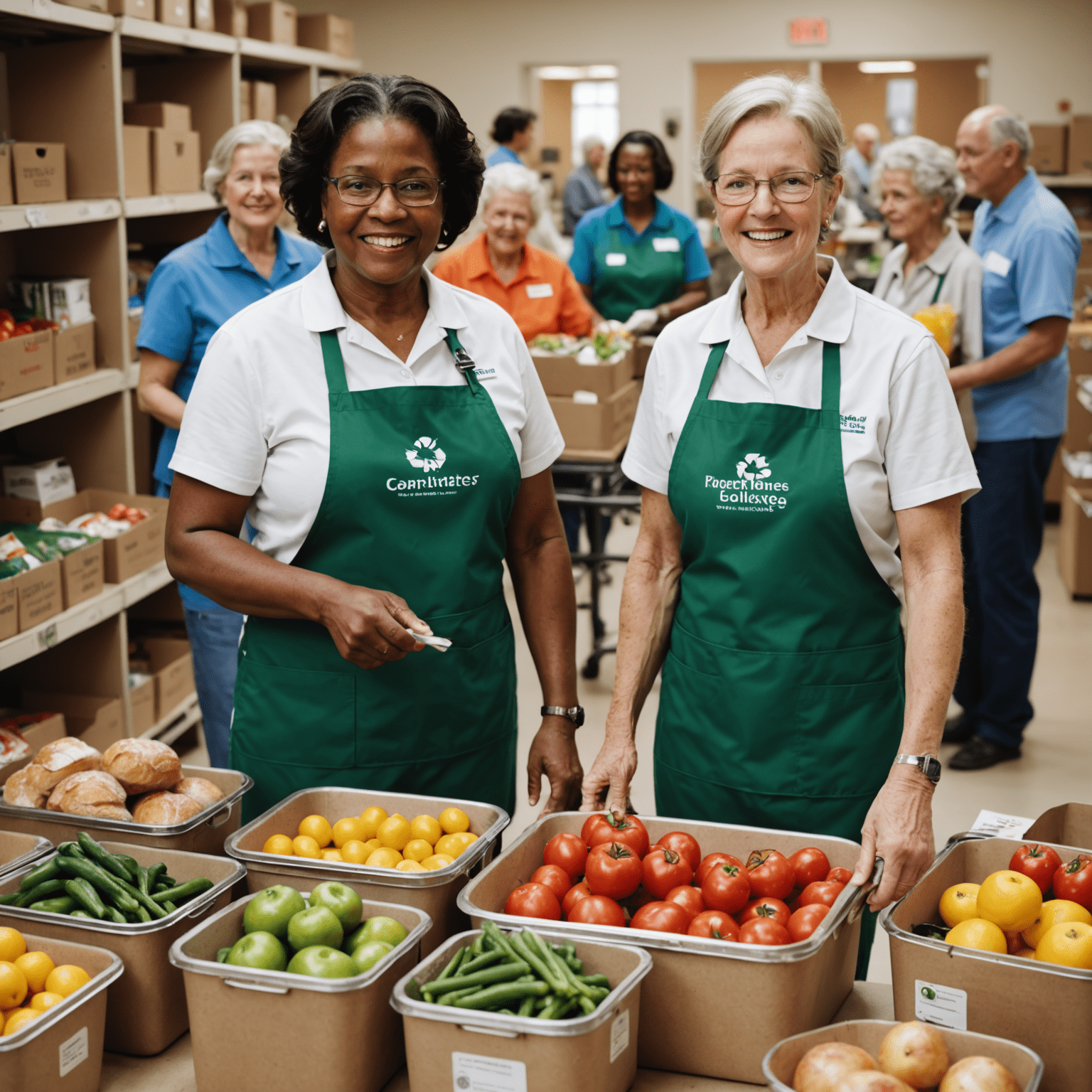 A montage of diverse volunteers in action, helping in various community settings such as food banks, environmental clean-ups, and senior care facilities