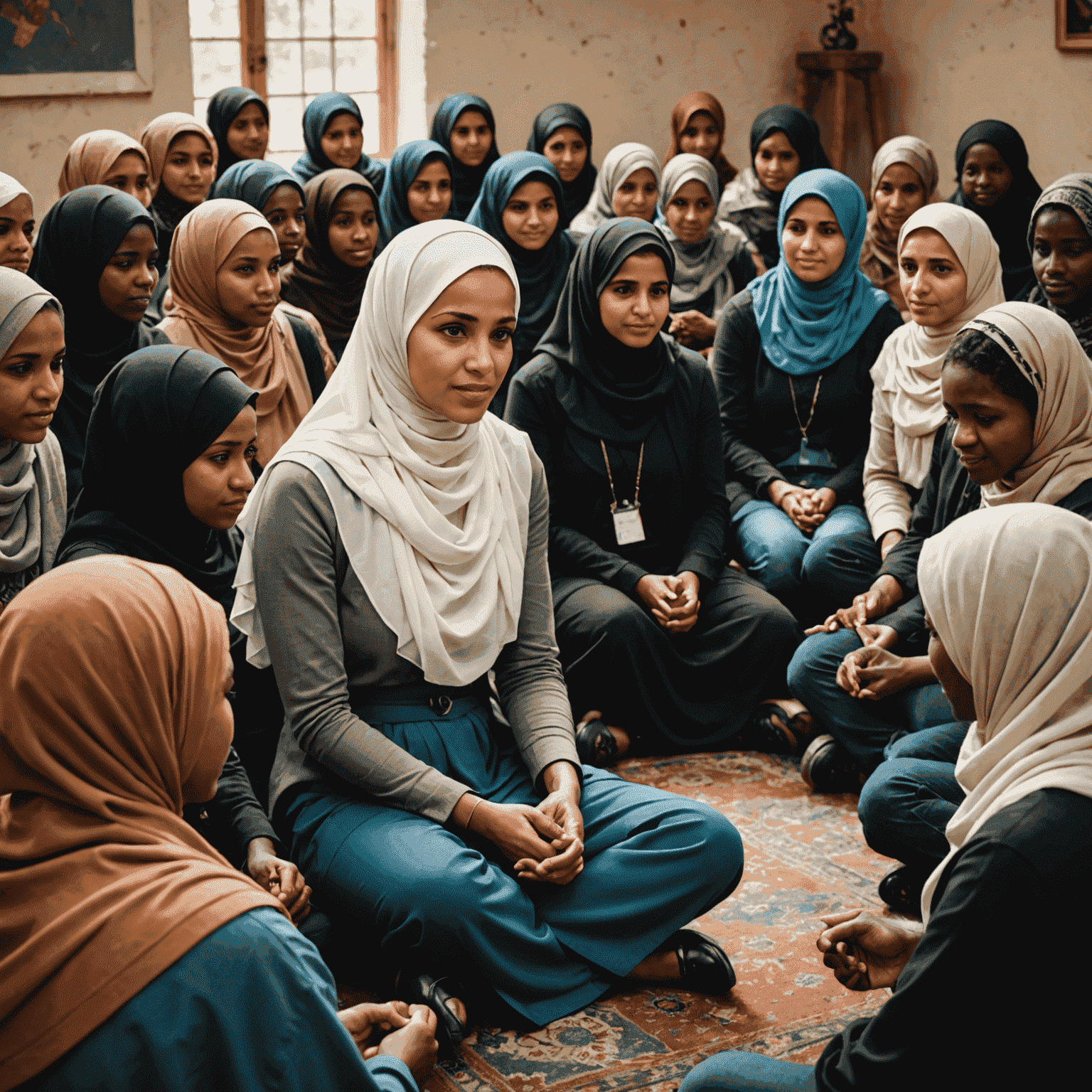 Amira Hassan, a woman wearing a hijab, leading a group therapy session for refugees. The image depicts a supportive and diverse group in a comfortable, welcoming setting.