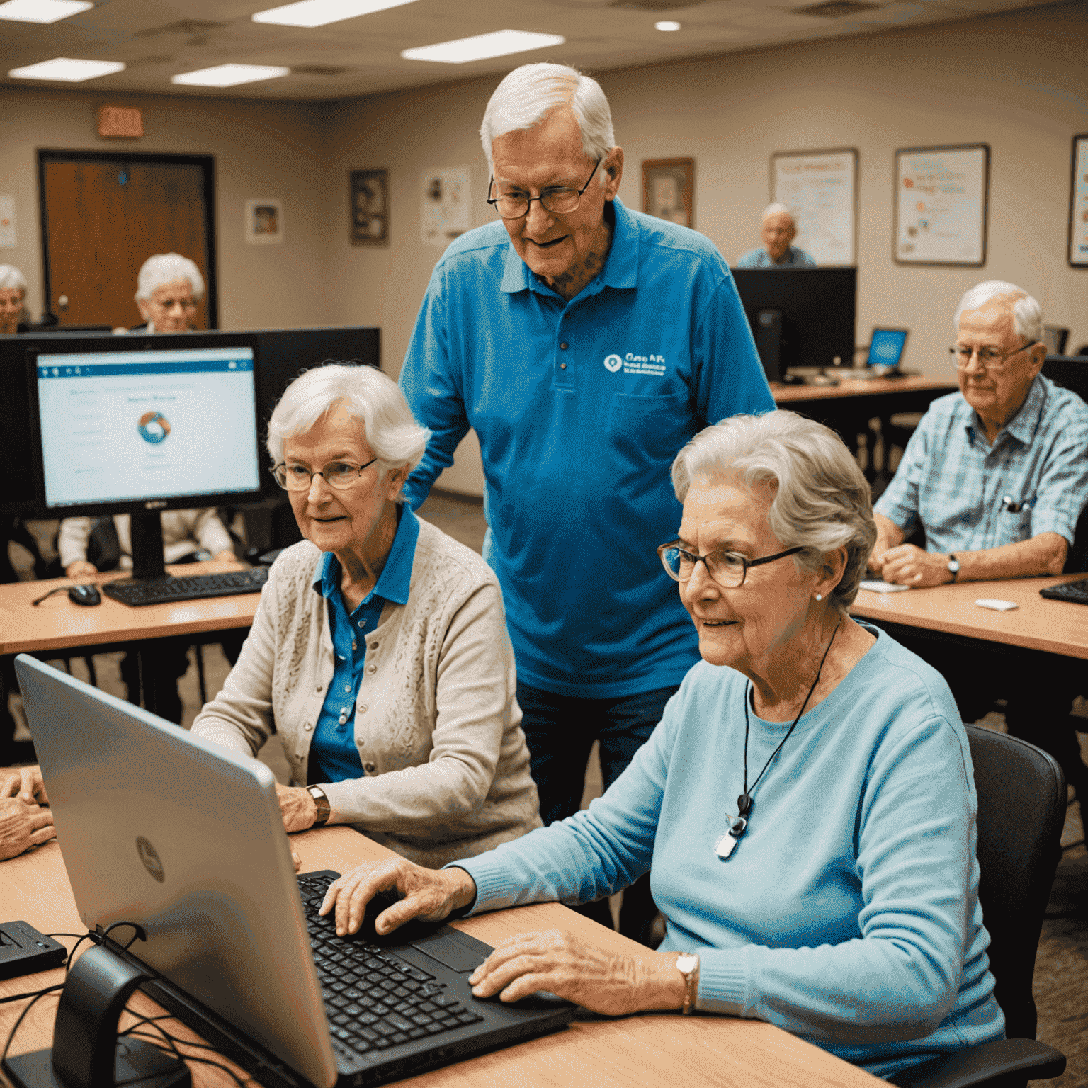 Volunteers of various ages teaching digital skills to seniors in a community center computer lab