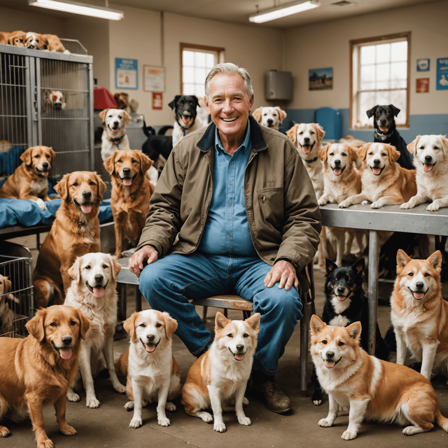 Jack Wilson, an older man with a friendly smile, surrounded by happy dogs and cats in an animal shelter. The image shows a clean, well-maintained facility with toys and beds for the animals.
